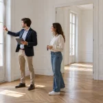 Tarif état des lieux agence immobilière : agent et locataire lors de la visite d'un appartement